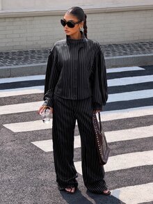 Muchica Black And White Striped Woven Women's Long Sleeve Pants Set, Autumn/Winter - Black - View 3