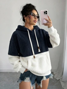 Elenzga 雙色袋鼠口袋抽繩連帽泰迪絨衛衣 - 藏蓝色 - 查看 1