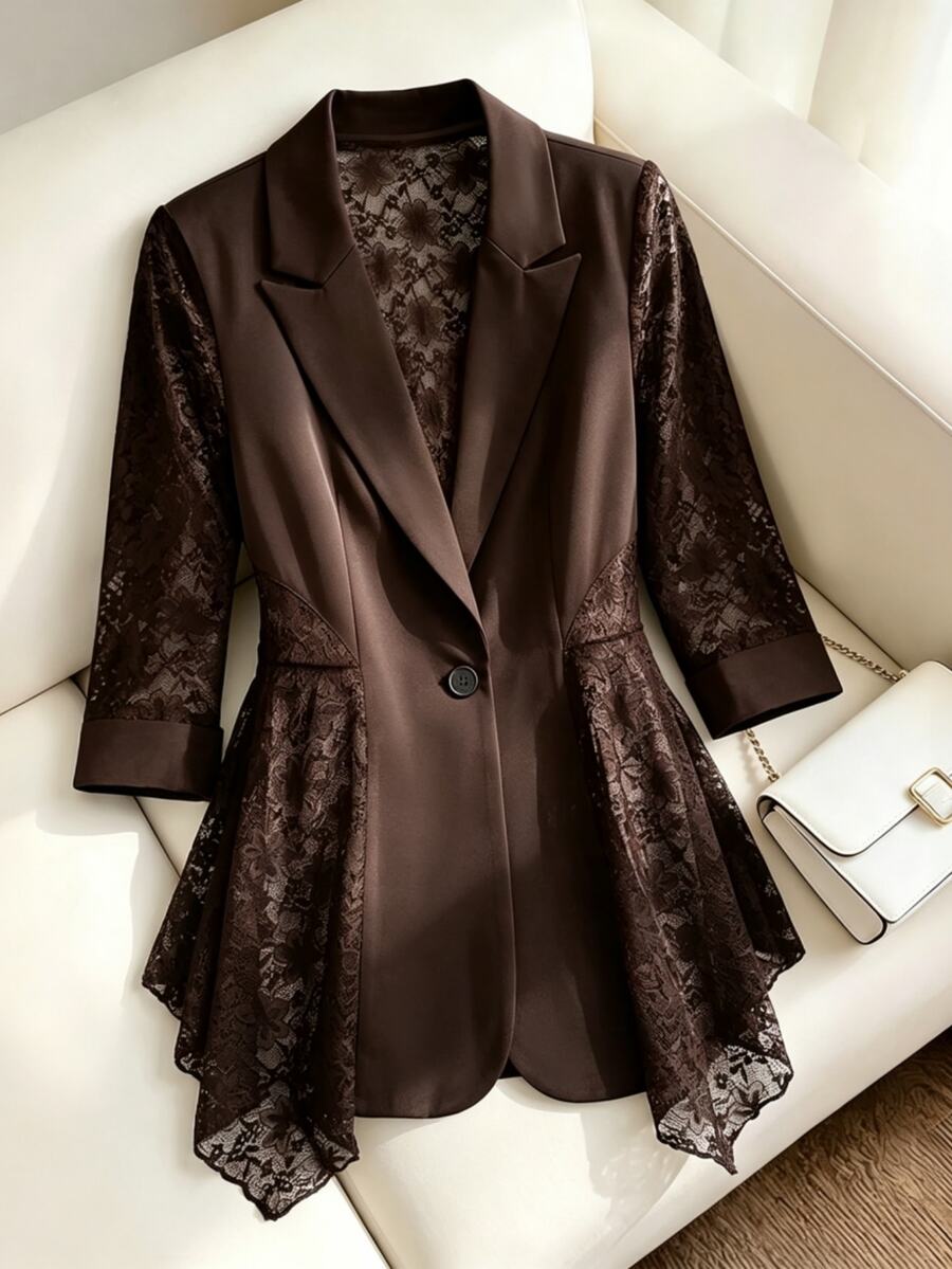 Lacomfia Plus Size Women's Lace Patchwork Casual Elegant Commute Travel Office Party Blazer Brown Summer - Coffee Brown - View 1