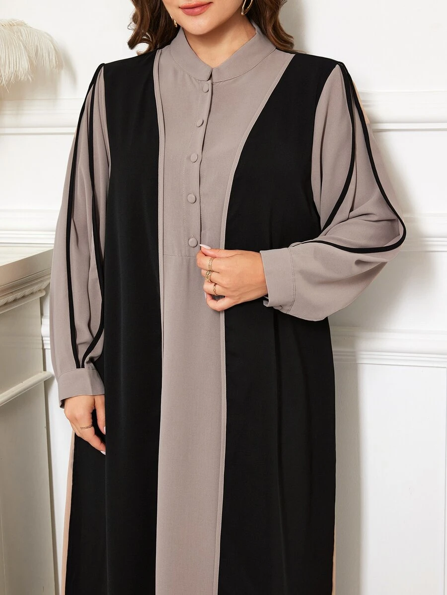 Al Najma 2 Pieces Style Khaki & Black Colorblock Button Decor Long Sleeve Loose Dress, Fashion Traditional Elegant Versatile Slimming Plus Size Arabian Dress - Black - View 1