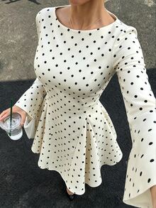 Cévolie Women's Round Neck Flared Sleeve High Waist Polka Dot Dress - Beige - View 4