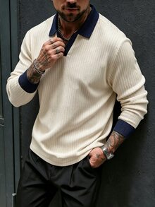 TONEVAULT Men's Casual Colorblock V-Neck Long Sleeve Polo Shirt - Apricot - View 4