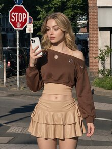 SHEIN MOD Women's Halter Neck Asymmetric Shoulder Eyelet Long Sleeve Casual Sweatshirt - Brown - View 4