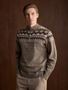 Manfinity CityGents 男士 Fair Isle 針織落肩長袖 1/4 拉鍊毛衣，適合日常中性穿著，老錢風秋季棕色，舒適適合日常外出 - 棕色 - 查看 4