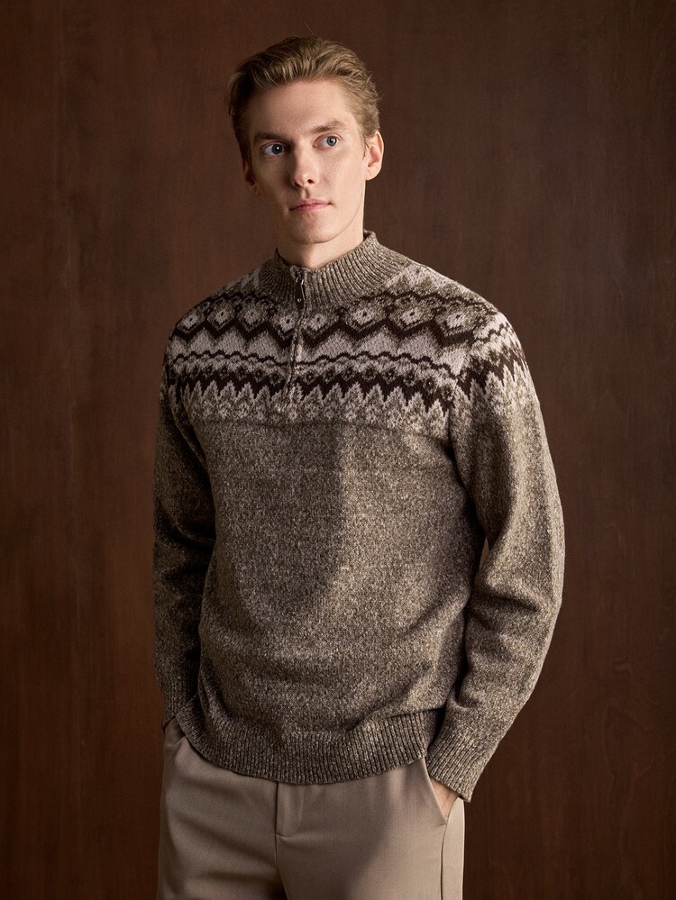 Manfinity CityGents Men's Fair Isle Knit Raglan Long Sleeve 1/4 Zipper Sweater, Suitable For Daily Unisex Wear, Old Money Autumn Brown Comfortable For Daily Outings - Brown - View 4