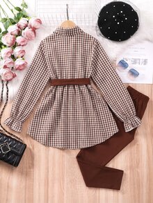 SHEIN Vintaside Kids 女童格紋梭織布長袖襯衫洋裝，附荷葉邊飾邊、腰帶與內搭褲套裝 - 棕色 - 查看 2