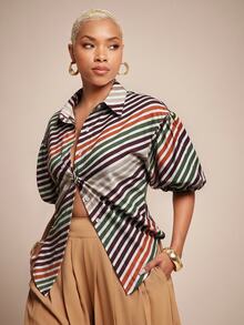 Vixey Solid Self Tie Back Collared Button Up Long Sleeve Top - Multicolor - View 4