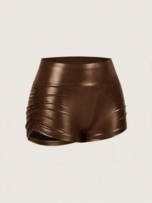 SHEIN EZwear 女款時尚彈性腰縮褶設計超短褲 - 棕色 - 查看 3