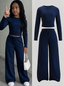 SHEIN Tween Girl Tween Girls T-Shirt Co-Ords Navy Blue Basic Minimalist Crew Neck Long Sleeve Pants 2 Pieces Set - Navy Blue - View 8