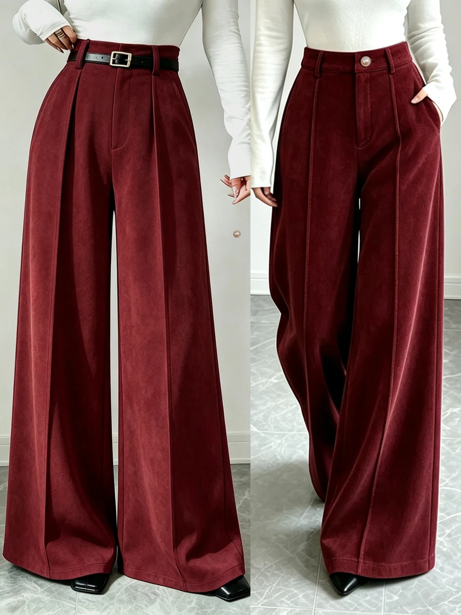 Elenzga Angola Red Autumn/Winter Women's High-Waisted Wide-Leg Suit Pants With Drape, Center Seam Design, Slimming Straight Leg Casual Trousers - Burgundy - View 1