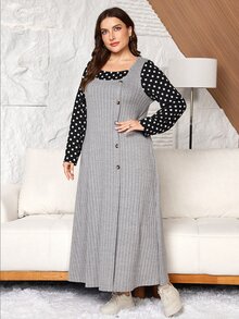 Lacomfia Plus Size Women's Loose Casual A-Line Square Neck Long Sleeve Polka Dot Patchwork Button Decor Autumn Long Dress - Grey - View 4
