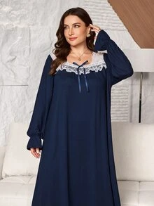 Lacomfia Plus Size Women's Loose Casual A-Line Square Neck Long Sleeve Colorblock Patchwork Knit Dress, Autumn - Navy Blue - View 1
