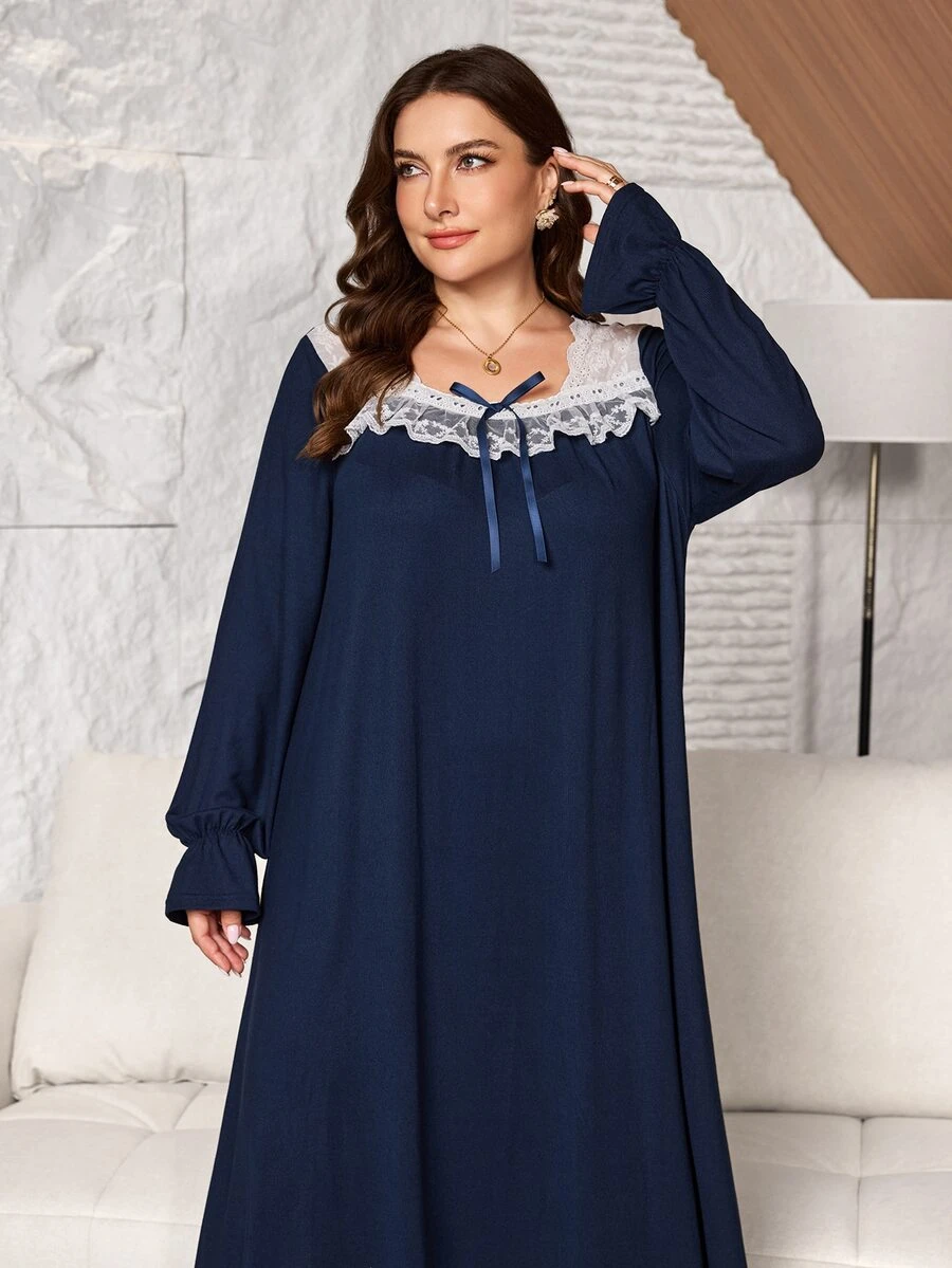 Lacomfia Plus Size Women's Loose Casual A-Line Square Neck Long Sleeve Colorblock Patchwork Knit Dress, Autumn - Navy Blue - View 1