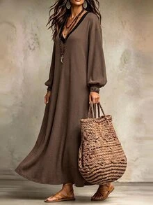 LUMIGAL Women's Vintage Striped Colorblock Knit Dress, Autumn/Winter - Coffee - View 4