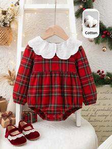 SHEIN Baby Girl Red Plaid Cute Peter Pan Collar Romper,Christmas,New Fall Styles, Christmas - Multicolor - View 1