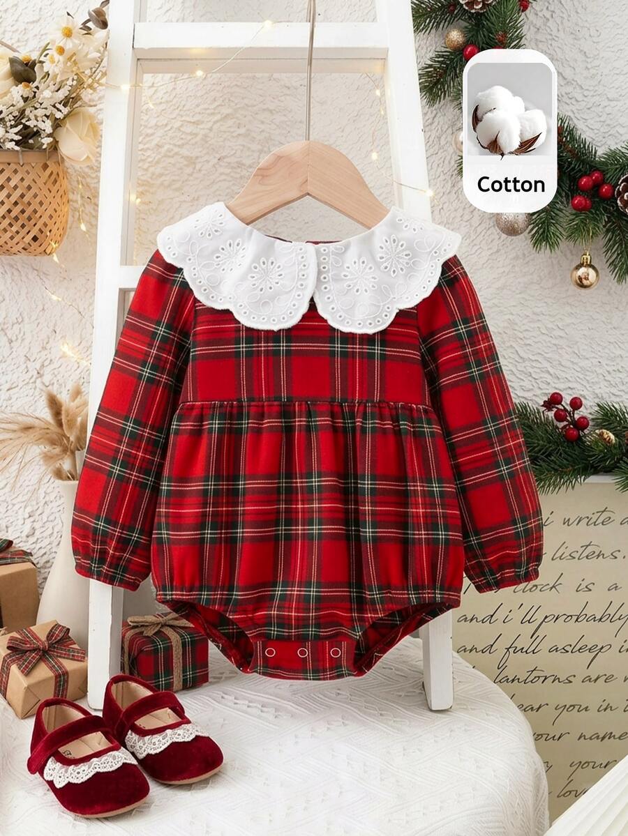 SHEIN Baby Girl Red Plaid Cute Peter Pan Collar Romper,Christmas,New Fall Styles, Christmas - Multicolor - View 1