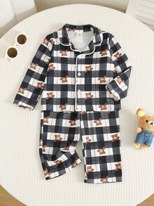 中性嬰兒男/女童、幼兒 2件組秋冬可愛格紋襯衫居家服套裝睡衣，嬰兒冬季睡衣，聖誕 - 藏蓝色 - 查看 6