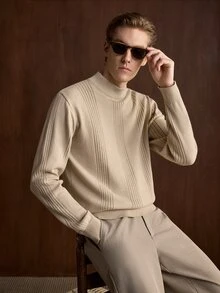Manfinity CityGents 男士休閒純色棕色高領保暖內裡毛衣 老錢風 適合假日/度假 秋季棕色 舒適適合日常外出與活動 - 卡其色 - 查看 4