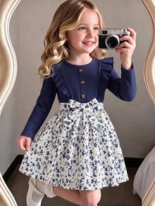 Elladie kids 女童新款棕色羅紋圓領長袖蕾絲鈕扣裝飾收腰拼接花卉下擺A字版型套頭洋裝，附蝴蝶結腰帶，可愛風 - 藍色 - 查看 1