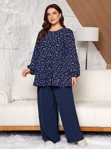 Lacomfia Random Floral Pattern Faux Embroidery Navy Blue Top With Straight Leg Pants Elastic Waist Plus Size 2 Pieces Set - Navy Blue - View 4