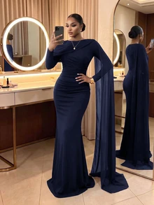 SHEIN Lady CURVE Plus Size Women's Fashion Elegant Round Neck Bow Design Long Sleeve Fitted Dress Fall - Navy Blue - View 6