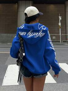 Muchica 女款休閒舒適字母印花運動衫 - 寶藍色 - 查看 2