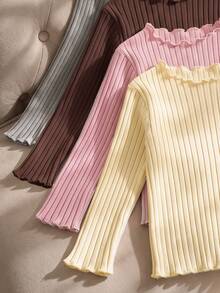 SHEIN Genkimix Kids 4件組女孩秋冬棉質羅紋素色荷葉邊長袖上衣，可愛T恤內搭層，適合春夏/秋冬，百搭時尚上衣，適用於學校、度假、日常穿著 - 彩色 - 查看 7