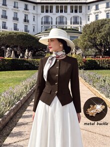 Modelyn 復古金屬扣西裝外套與喇叭裙套裝 秋冬優雅女款職場通勤套裝 適合辦公室、國慶社交、外出正式場合 - 棕色 - 查看 7