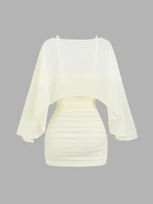 Sweetra 2 Pieces Set With Flowy Boat Neck Chiffon Cape Outerwear And Elastic Ruched Waist Cami Dress, Elegant Beige Outfit For Office Commute, Casual Wear And Date - Light Yellow - View 2