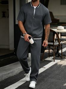 Manfinity CasualCool Men's Zipper Striped Short Sleeve Shirt And Drawstring Waist Pants Set - Dark Grey - View 6