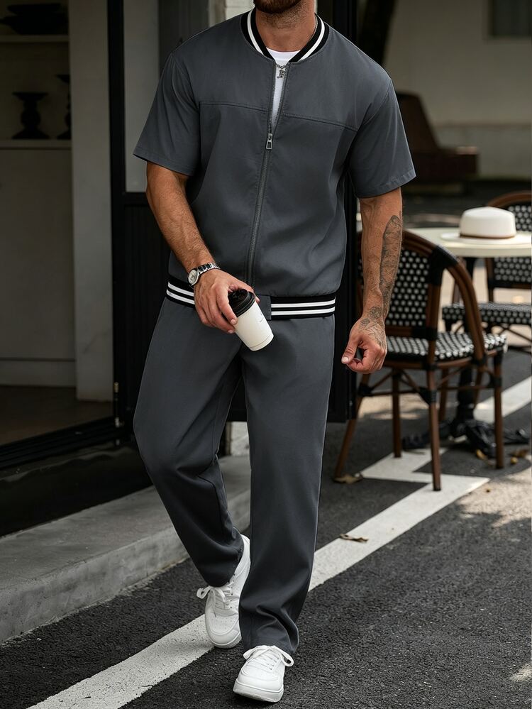 Manfinity CasualCool Men's Zipper Striped Short Sleeve Shirt And Drawstring Waist Pants Set - Dark Grey - View 6