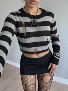 SHEIN EZwear 條紋復古風喇叭袖針織衫 秋冬款 - 黑色 - 查看 4