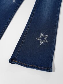 SHEIN Girls Y2K Style Elastic Flare Jeans, Vintage Blue Washed Denim With Elastic Waistband, Star Rhinestone Design, Fashionable Versatile For All Seasons - Dark Wash - View 8