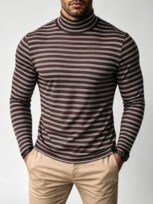 TONEVAULT Men's Casual Striped Slim Fit Long Sleeve Turtleneck T-Shirt - Coffee Brown - View 6