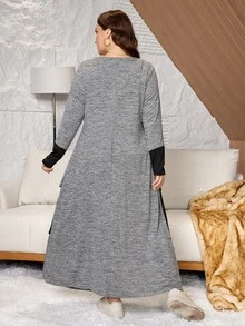 Lacomfia Plus Size Women's Knitted Grey & Color Block Patchwork Loose Fit Long Sleeve Multi-Layered Ruffle Hem Dress, Suitable For Casual Daily Occasions - Grey - View 2