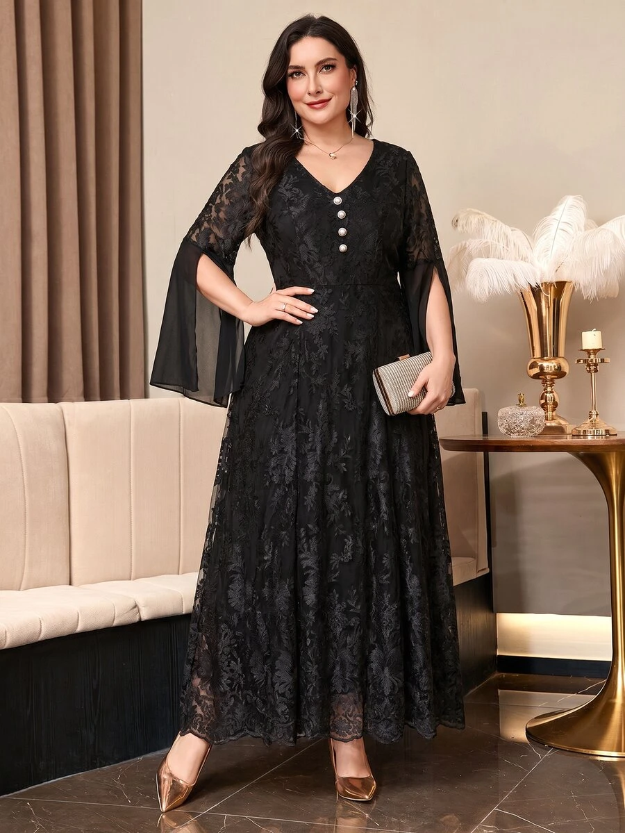 Reflora Plus Size Women's V-Neck Lace Patchwork Fashion Elegant Dress Fall - Black - View 1