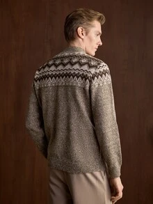 Manfinity CityGents 男士 Fair Isle 針織落肩長袖 1/4 拉鍊毛衣，適合日常中性穿著，老錢風秋季棕色，舒適適合日常外出 - 棕色 - 查看 2