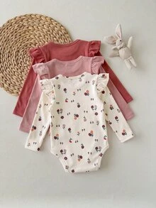 SHEIN 3pcs/Set Baby Girl Cute Ditsy Floral Fleece Elastic Crew Neck Cap Sleeve Long Sleeve Bodysuit Multi-Piece Set Suitable For Winter - Multicolor - View 2