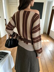 Sweetra Vintage Maillard Striped Off-Shoulder Lazy Women's Sweater - Multicolor - View 2