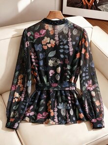SHEIN Clasi 女款時尚立領主教袖百褶印花襯衫 - 黑色 - 查看 5