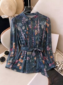 SHEIN Clasi 女款半透明前開鈕扣長袖襯衫 - 霧霾藍 - 查看 2