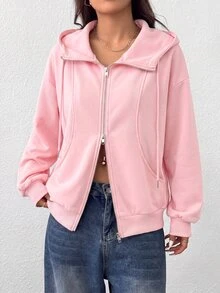 SHEIN EZwear 女款前拉鍊長袖口袋連帽衫 - 粉色 - 查看 6