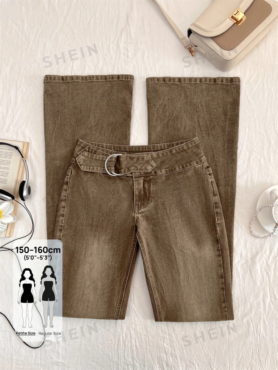 SHEIN PETITE Celana Jeans Wanita Ukuran Petite Pinggang Rendah Model Flare Denim Cuci - Coklat - View 1