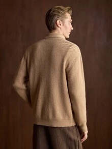 Manfinity CityGents Men's Minimalist V-Neck Turn-Down Collar Long Sleeve Sweater For Commuting - Camel - View 2