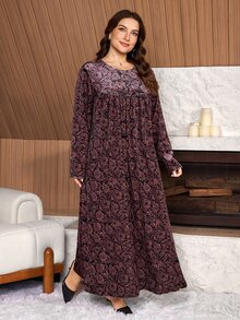 Lacomfia Casual Minimalist Velvet Full Print Round Neck Long Sleeve Loose Regular Fit Spring Autumn Plus Size Dress - Multicolor - View 4