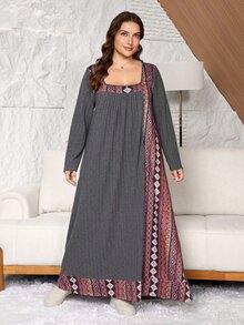Seusyu Print Random Floral Pattern Knitted Ribbed Patchwork Design Casual Daily Minimalist Loose Long Sleeve Comfortable Plus Size Dress - Dark Grey - View 6