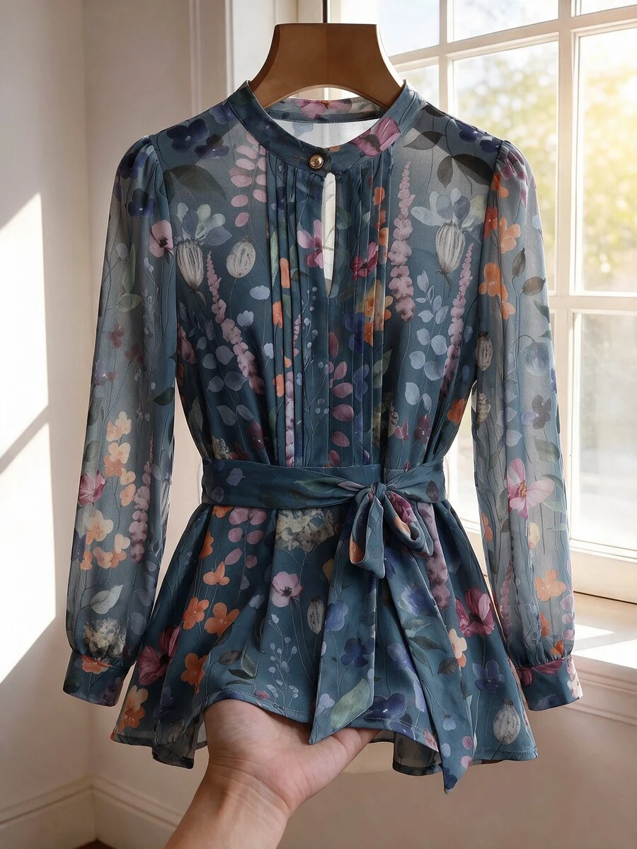 SHEIN Clasi 女款半透明前開鈕扣長袖襯衫 - 霧霾藍 - 查看 1