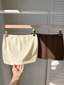 SHEIN EZwear 2件組女款純色休閒百搭裙褲 - 棕色 - 查看 4