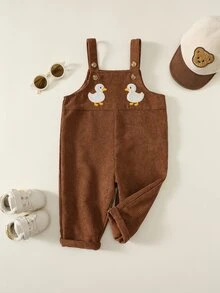 中性新生兒嬰兒男/女童、幼兒秋冬可愛鴨子圖案燈芯絨吊帶褲/連身褲，嬰兒冬季連身褲/吊帶褲，聖誕節 - 棕色 - 查看 6