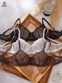 SHEIN 3 Pcs Goth Women's Fashion Floral Lace Underwire Triangle Cup Bra - Multicolor - View 4